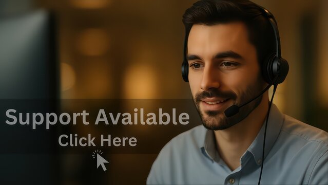 A friendly customer service representative, wearing a headset, smiles while providing professional assistance and technical support to an online client. Capturing modern office ambiance.