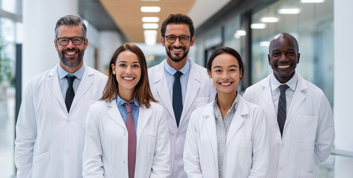 Portrait of smiling medical team in hospital.