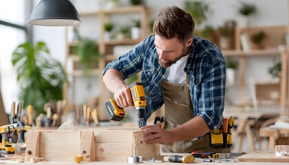 Craftsperson working wood diy. Wood carpenter workshop