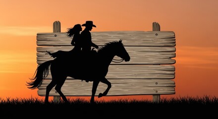 Illustration of a man and woman riding a horse in black