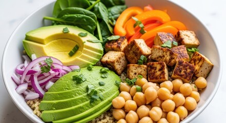 rice topped with sliced vegetables and red onions