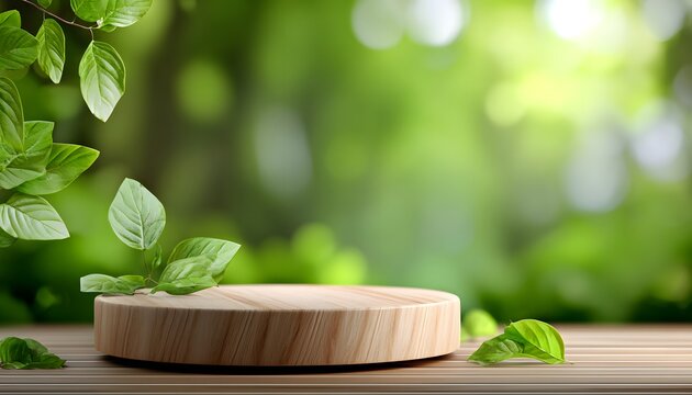 Wooden podium in nature background