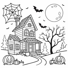 Spooky Halloween House Coloring Page vector illustration
