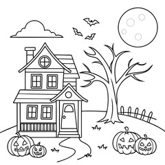 Spooky Halloween House Coloring Page vector illustration
