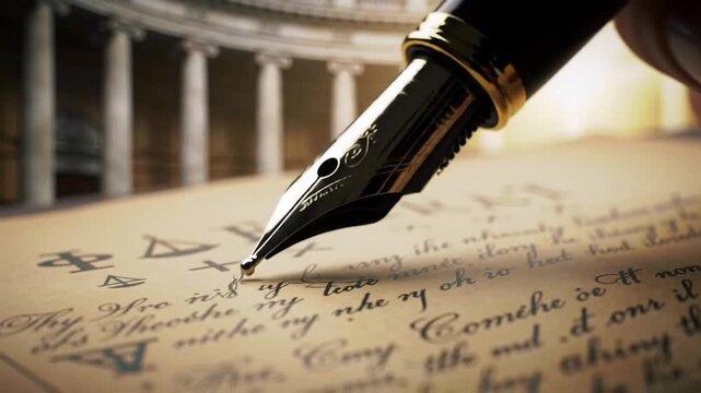 A detailed fountain pen writing on a old contract, with legal symbols and a courtroom background in soft focus