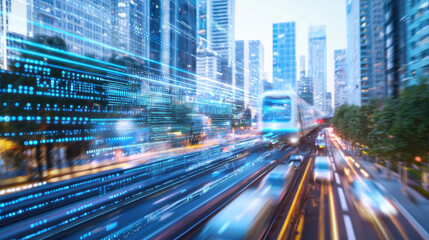 Vibrant urban environment showcasing futuristic cityscape with dynamic motion blur, highlighting transportation and technology