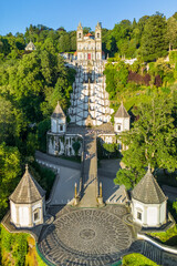 Aerial of Bom Jesus do Monte Sanctuary at sunset near Braga, Northern Portugal