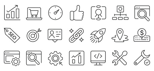 SEO and digital marketing icons set, Search engine optimization, web ranking, analytics, link building, settings, coding, targeting, performance, tools, Line art vector illustration