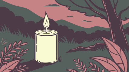 Burning candle with the flame clearly visible in green pink background vector illustration.