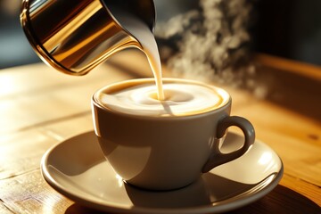 Pouring Milk Into Coffee Morning Coffee Time Latte Art Concept