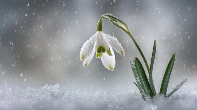 Delicate snowdrop flower in winter snowfall.