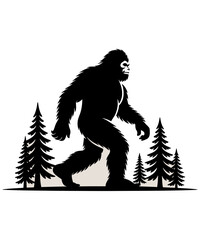 Silhouette of Bigfoot Walking Among Pine Trees A Cryptid Sighting Illustration for Forest Adventure and Mythical Creature Enthusiasts