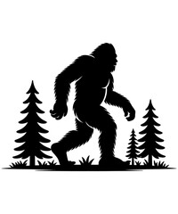 Fototapeta premium Silhouette of Bigfoot Walking in a Forest with Evergreen Trees a Cryptid Encounter in the Woods Wild and Untamed