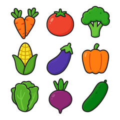 Colorful cartoon illustration of various vegetables including carrots, corn, and tomato. Suitable for healthy eating and cooking concepts.