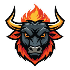 Fierce Bull Head with Fiery Mane and Golden Horns, Mascot Design Illustration