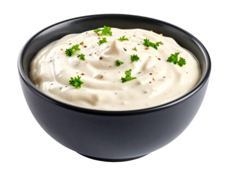 Ranch sauce with herbs in black bowl on transparent background
