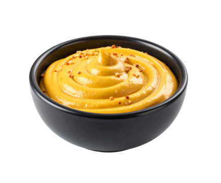 Spicy mustard swirl with chili in black bowl on transparent background