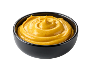 Dijon mustard swirl in black ceramic bowl on transparent background