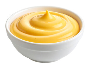Mild cheese sauce swirl in small bowl on transparent background