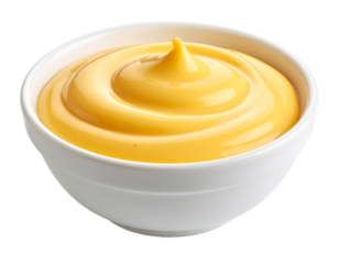 Mild cheese sauce swirl in small bowl on transparent background
