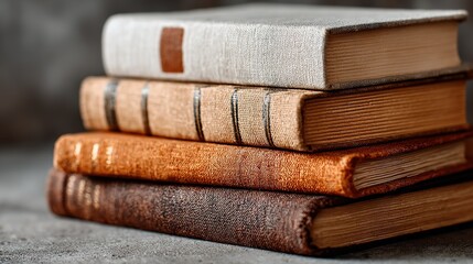 Four Stacked Old Books on a Gray Background