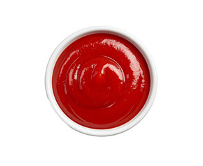Tomato ketchup top view in round bowl on transparent background