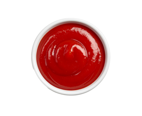 Tomato ketchup top view in round bowl on transparent background