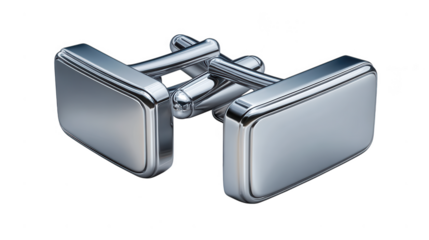 A pair of modern silver cufflinks with rounded edges are isolated on transparent background, perfect for adding a subtle touch of sophistication