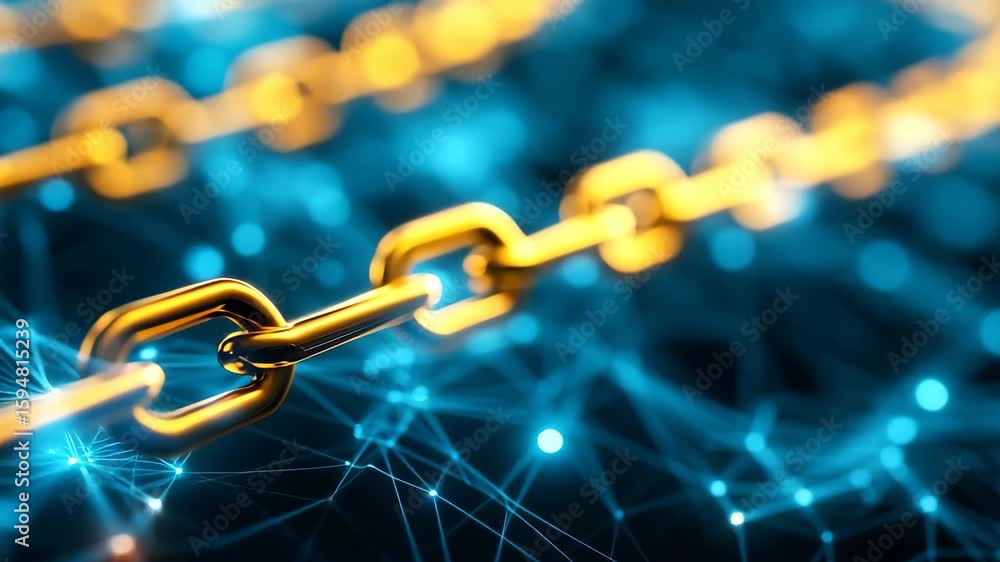 Poster explore blockchains captivating realm with interconnected golden links set against a beautiful blue 