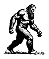 Ink Illustration of Bigfoot Walking Sasquatch Creature with Dense Fur Mysterious Forest Dweller in Monochrome Wild and Elusive