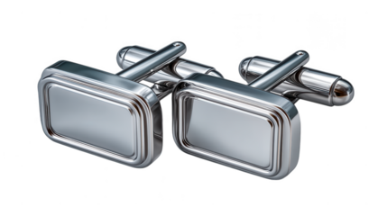 A pair of silver cufflinks with a framed design are isolated on transparent background, offering a timeless and refined touch to any formal ensemble