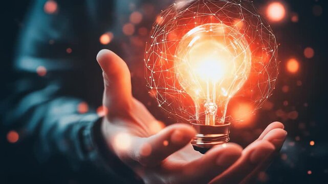 Hands cradle a radiant light bulb, illuminated with vibrant energy, symbolizing new ideas and creativity. This moment captures the essence of inspiration and artistic vision in a dramatic ambiance.