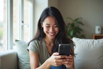 Happy woman using smartphone at home, online shopping, natural light