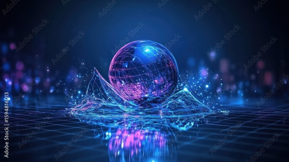 Poster futuristic neon sphere with digital grid and glowing particle effects