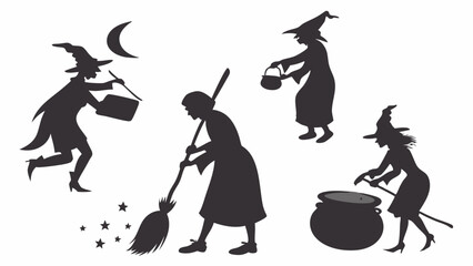 Highly Detailed Halloween Witches Silhouettes Set Black and White Vector Art Collection of Mystical Magical Sorceresses Flying Sweeping Brewing and Casting Spells for Design