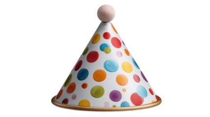 A festive party hat with colorful polka dots and a pompom, isolated on transparent background for birthday celebrations and fun events