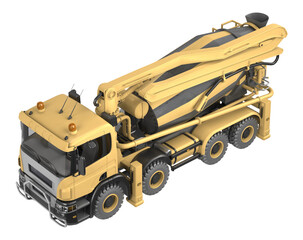 Yellow concrete pump truck with hydraulic boom arm isolated on white background. Heavy construction machinery for building and infrastructure projects. 3D rendering.