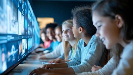 A group of children joyfully interacts with large screens, engaging with various digital content. Their faces light up with curiosity and excitement, showcasing a lively learning atmosphere. - Powered by Adobe