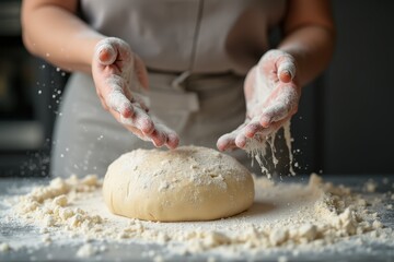 Woman tossing dough covered in flour