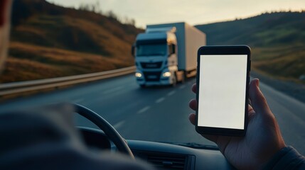 Driver holding blank smartphone screen with truck on highway in background.