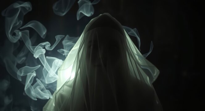 Ghostly figure in the dark, ethereal spirit with smoke, paranormal activity concept art