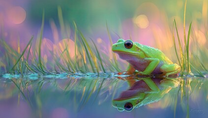 Lime green frog sits on water, vibrant colors