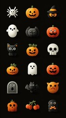 Obraz premium Colorful Halloween decorations featuring pumpkins, ghosts, and spooky characters on a black background