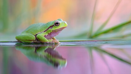 A vibrant green frog sits on a surface, reflecting perfectly