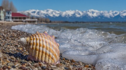Seashell resting on a pebble beach with foamy waves.