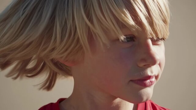 Blond child in red shirt standing by neutral wall expresses innocence, youth, simplicity, learning, purity, openness, hope, vulnerable honesty, gentle expectation, formative spirit