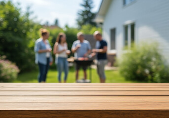 Rustic wooden outdoor table in foreground with a blurred backyard barbecue and friends socializing on a sunny day.

