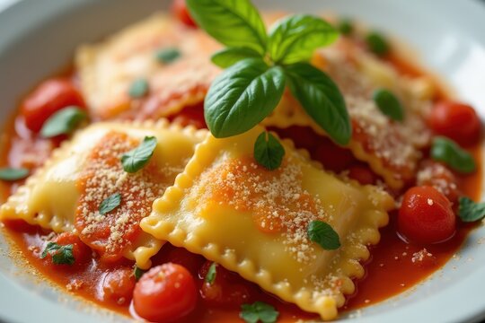 Homemade ravioli made with parmesan cheese, tomato and basil. Typical dish of Italian cuisine - Powered by Adobe