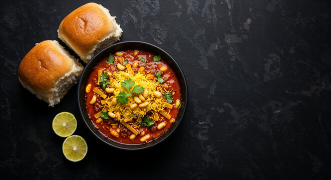 Top-down flat lay of authentic Indian Misal Pav curry in a black bowl with fresh pav bread, garnished with farsan and cilantro