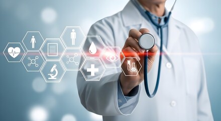 A male doctor holding a stethoscope and displaying healthcare medical icons. Concept of health assessment, wellness, and digital patient record.
